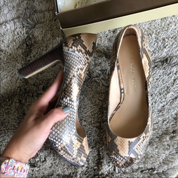 Franco Sarto Snakeskin Boa Open Toe Pump Heels - Picture 3 of 7